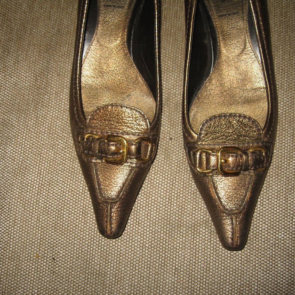 ❤️PRADA BRONZE METALLIC LOW HEEL BALLET BUCKLE VAMP SHOES 37 7 - Picture 3 of 8